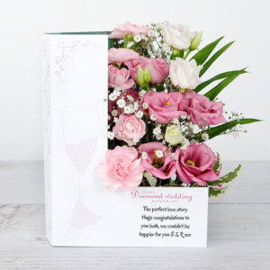 Diamond Wedding Anniversary Flowercard with Spray Carnations, Lisianthus, Gypsophila, Pittosporum and Chico Leaf
