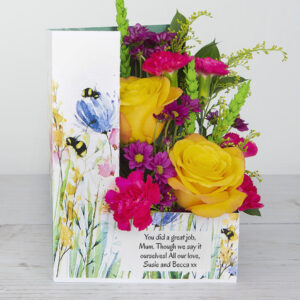 Flowercard with Dutch Roses, Santini Chrysanthemums, Ruscus, Lime Wheat and Chico Leaf