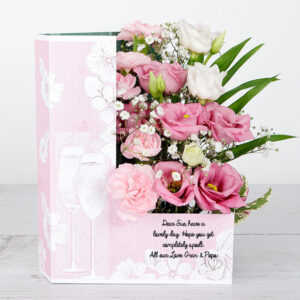 Pink Carnations and Lisianthus accented with White Gypsophila Birthday Flowercard